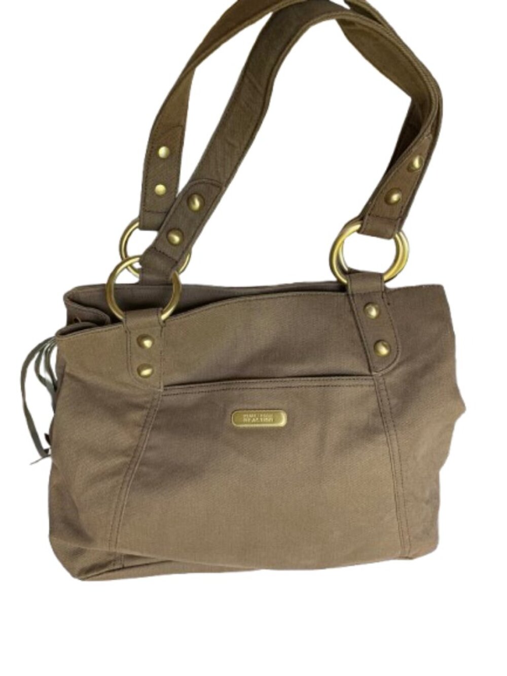 Vintage Kenneth Cole Reaction Khaki Brown Canvas Tote Shoulder Bag Brass Rings